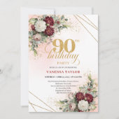 Invitation Luxury Burgundy Boho Floral Greenery 90th Birthday (Devant)