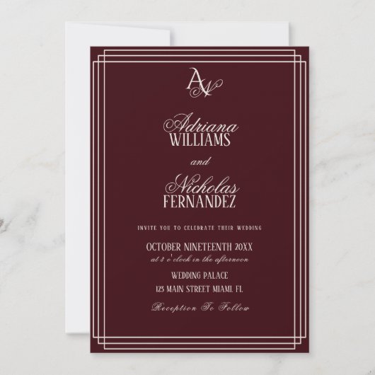 Invitation Luxury Burgundy Monogram Wedding (Devant)