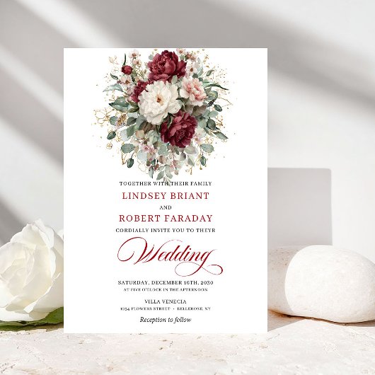 Invitation Luxury Burgundy White Floral Eucalyptus Wedding 