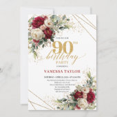 Invitation Luxury Burgundy White Roses Gold 90th Birthday  (Devant)