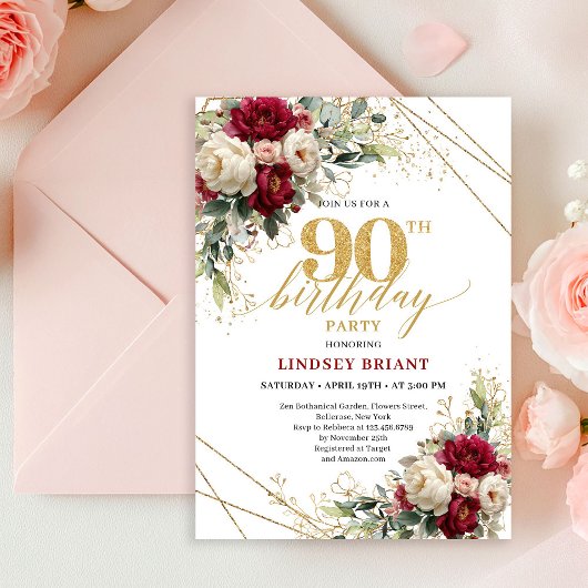 Invitation Luxury Burgundy White Roses Gold 90th Birthday 