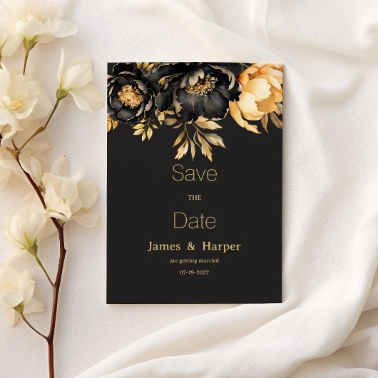 Invitation Luxury classy black gold peony flora Save the Date
