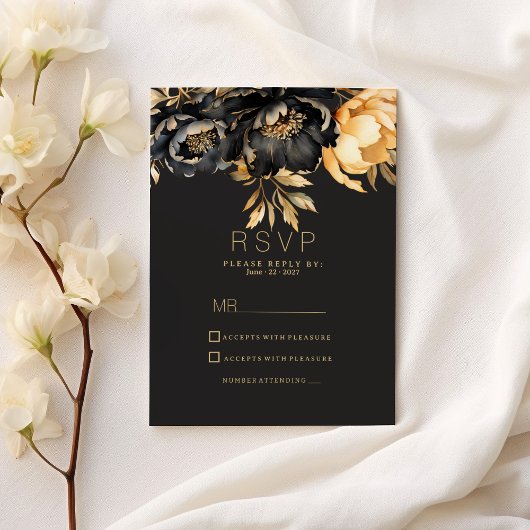 Invitation Luxury classy black gold peony floral RSVP
