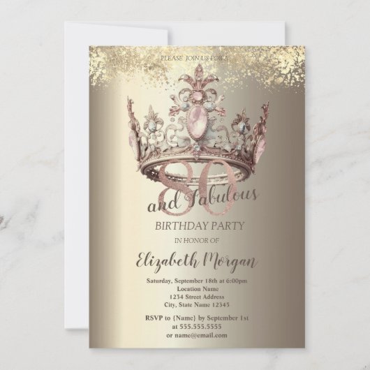 Invitation Luxury Crown Gold Confetti 80e anniversaire (Devant)