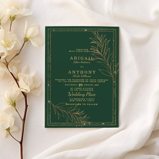 Invitation Luxury dark green gold glitter leaf floral Wedding