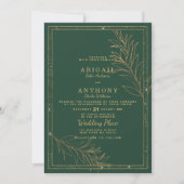 Invitation Luxury dark green gold glitter leaf floral Wedding (Devant)