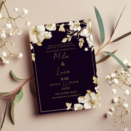Invitation Luxury dark purple white gold floral Wedding 