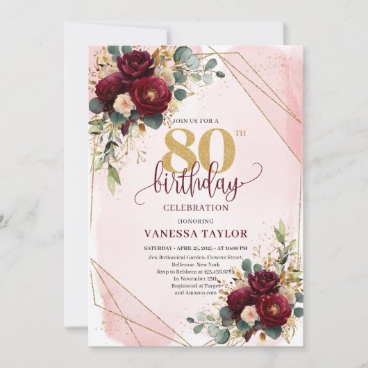 Invitation Luxury Dark Red Blush Gold Roses 80e anniversaire (Devant)