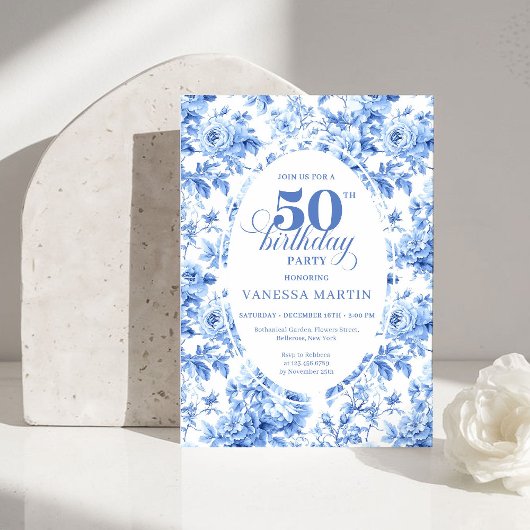 Invitation Luxury Deep Blue Toile Roses 50th Birthday Invite