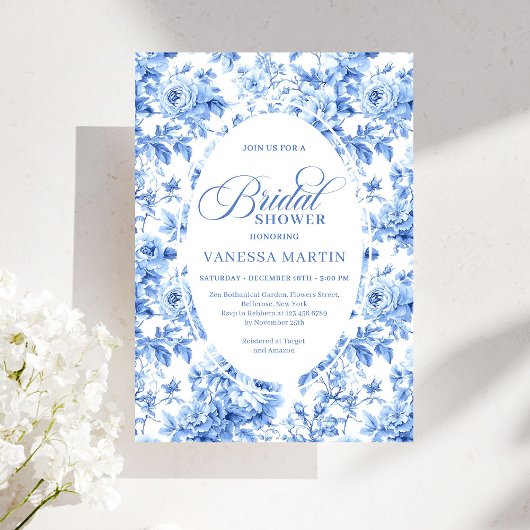Invitation Luxury Deep Blue Toile Roses Bridal Shower Invite