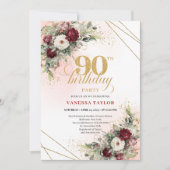 Invitation Luxury Deep Red Floral Gold 90th Birthday Invite (Devant)