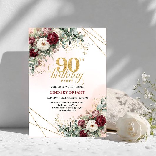 Invitation Luxury Deep Red Floral Gold 90th Birthday Invite
