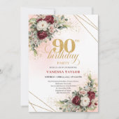 Invitation Luxury Deep Red Floral Gold 90th Birthday Invite (Devant)