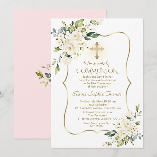 Invitation Luxury Delicate White Flowers Pink Holy Communion (Devant / Derrière)