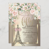 Invitation Luxury Diamonds Eiffel Tower,Pink Bow Roses 50th  (Devant / Derrière)