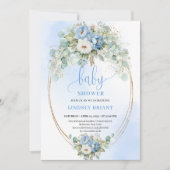 Invitation Luxury Dusty Blue Flowers Eucalyptus Gold Baby  (Devant)