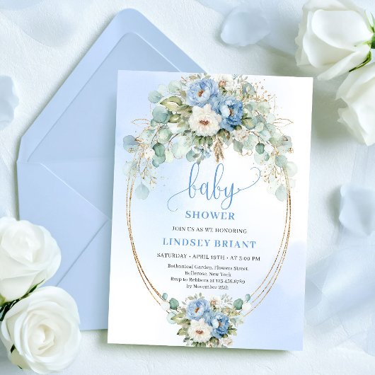 Invitation Luxury Dusty Blue Flowers Eucalyptus Gold Baby 