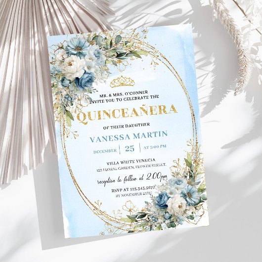Invitation Luxury Dusty Blue Gold Greenery Quinceañera