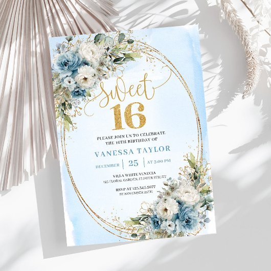 Invitation Luxury Dusty Blue Greenery Sweet Sixteen Invite