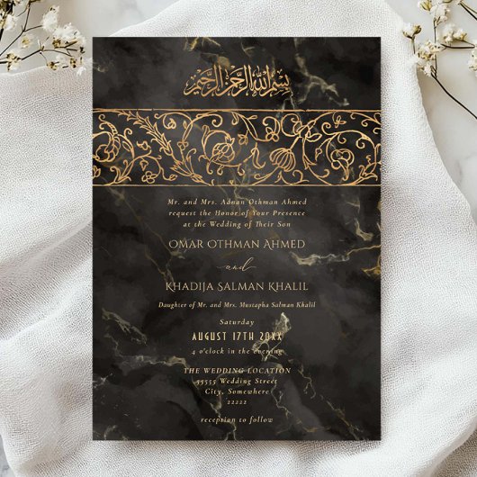 Invitation Luxury Floral Gold Black Marble Islamic Wedding