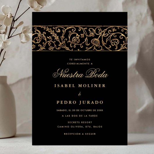 Invitation Luxury Floral Gold & Black Nuestra Boda Wedding