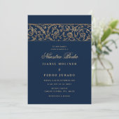 Invitation Luxury Floral Gold Navy Blue Nuestra Boda Wedding (Debout devant)