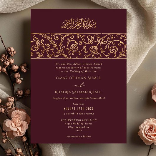 Invitation Luxury Floral Gold Red Maroon Islamic Wedding