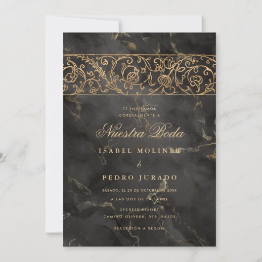 Invitation Luxury Gold Black Marble Nuestra Boda Wedding (Devant)