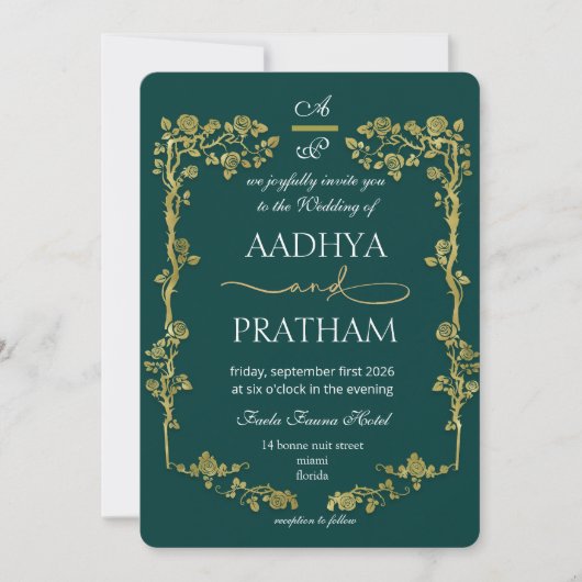 Invitation Luxury Gold Floral Frame Wedding (Devant)