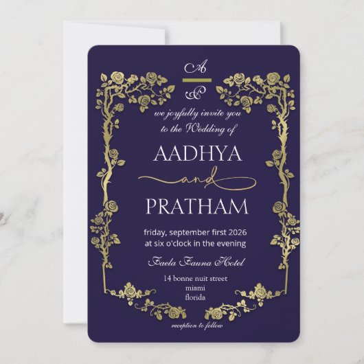 Invitation Luxury Gold Floral Frame Wedding (Devant)