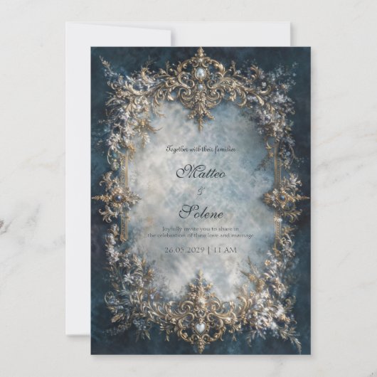 Invitation Luxury Gold Frame Dark Teal Floral Baroque Wedding (Devant)