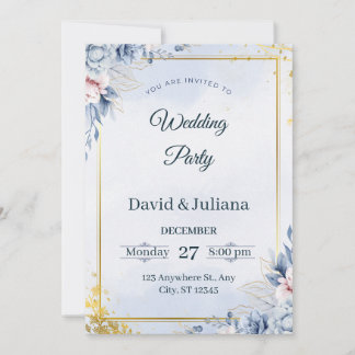 Invitation Luxury Gold Frame Navy Blue Floral Wedding Invitat