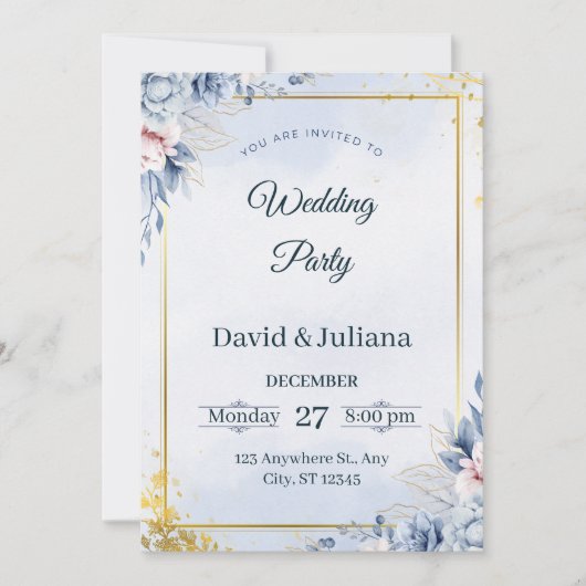 Invitation Luxury Gold Frame Navy Blue Floral Wedding Invitat (Devant)