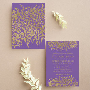 Invitation Luxury Gold Lace On Purple Elegant Classic Wedding