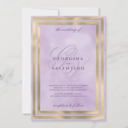 Invitation Luxury gold lavender monogram initials wedding (Devant)