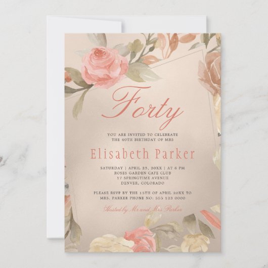 Invitation Luxury Gold Peach Coral Floral 40e fête d'annivers (Devant)