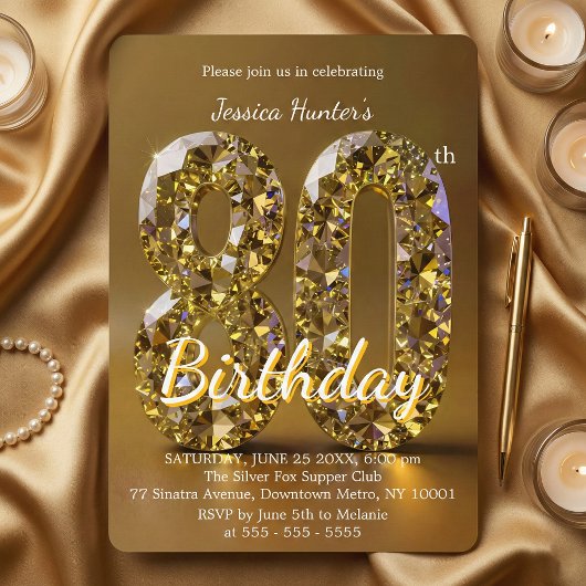 Invitation Luxury Gold Yellow Diamond Gemstone 80th Birthday