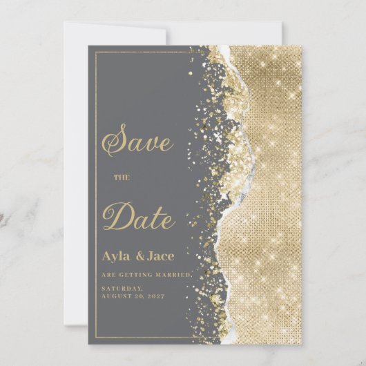 Invitation Luxury grey gold glitter classy Save the Date  (Devant)