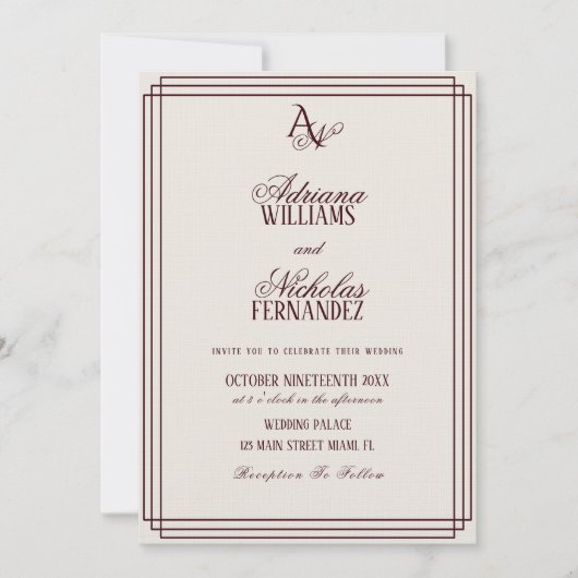 Invitation Luxury Ivory Burgundy Monogram Wedding (Devant)