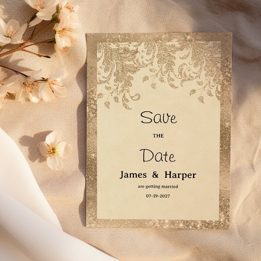 Invitation Luxury ivory gold glitter lace flora Save the Date