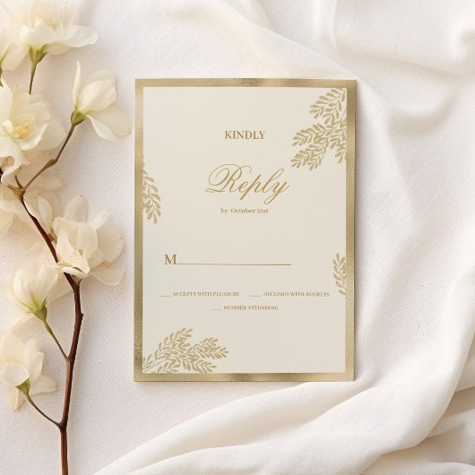 Invitation Luxury ivory gold glitter leaf floral Wedding RSVP