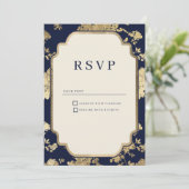 Invitation Luxury ivory navy blue gold floral RSVP (Debout devant)