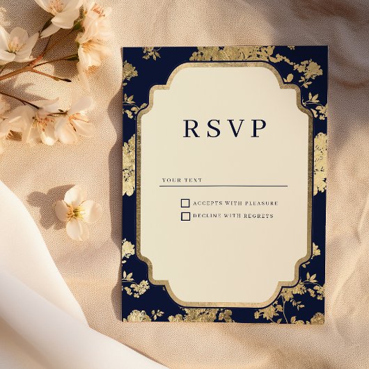 Invitation Luxury ivory navy blue gold floral RSVP