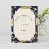 Invitation Luxury ivory navy blue gold floral Save the Date (Debout devant)