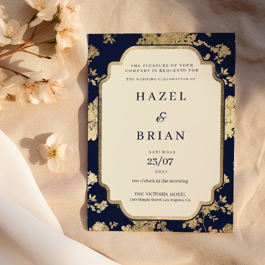 Invitation Luxury ivory navy blue gold floral Wedding