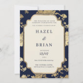 Invitation Luxury ivory navy blue gold floral Wedding (Devant)
