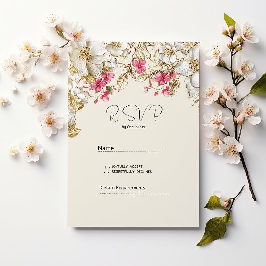 Invitation Luxury ivory pink white gold flowers RSVP 