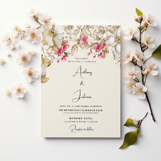 Invitation Luxury ivory pink white gold flowers wedding
