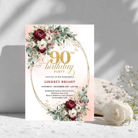 Invitation Luxury Maroon Peonies Eucalyptus 90th Birthday 