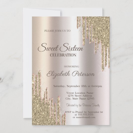 Invitation Luxury Modern Glitter Drips Gold  Sweet 16 (Devant)